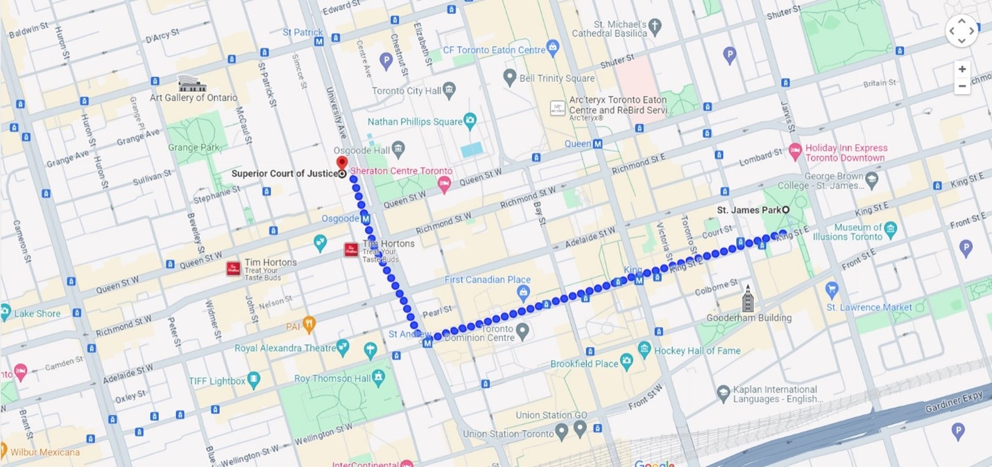 Map of Downtown Toronto with the walk route highlighted